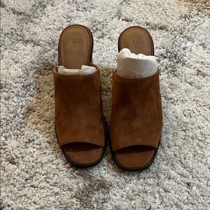 Frye Chestnut Suede Open-Toe Slide Mules